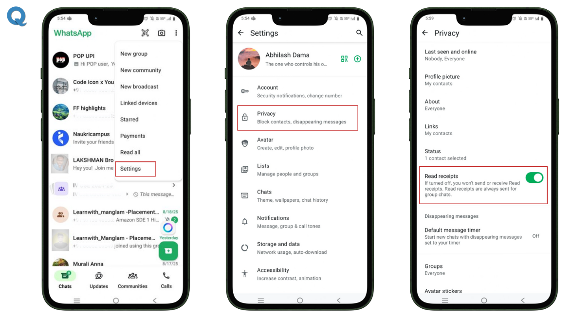 Screenshot showing how to turn off read receipts in WhatsApp